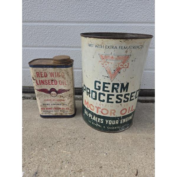 Vintage 5 Quart Germ Processed Motor Oil Can & Redwing Linseed Oil Can