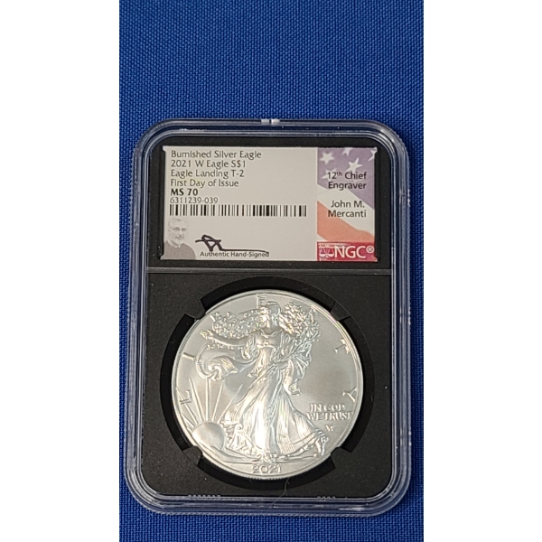 2021-W NGC Eagle Landing T-2 First Day Of Issue MS 70 Burnished 1 oz Silver American Eagle- Signed