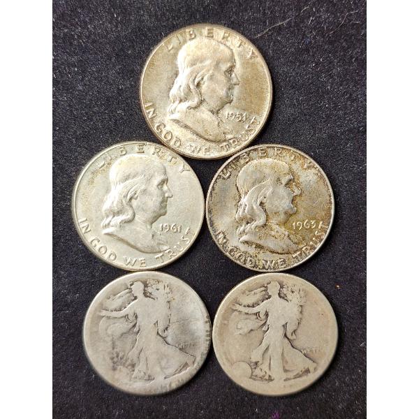 $2.50 Face Value in 90% Silver Half Dollars Ft. 3 Ben Franklins & 2 Walking Liberties