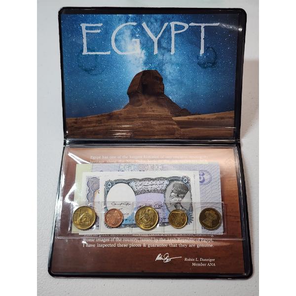 Egypt Currency: 5 Banknotes and 5 Coins Set in Album with Information Card