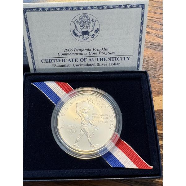 90% Silver 2006-P Benjamin Franklin Silver Dollar - mintage 250,000 - Commemorative Coin Program - C