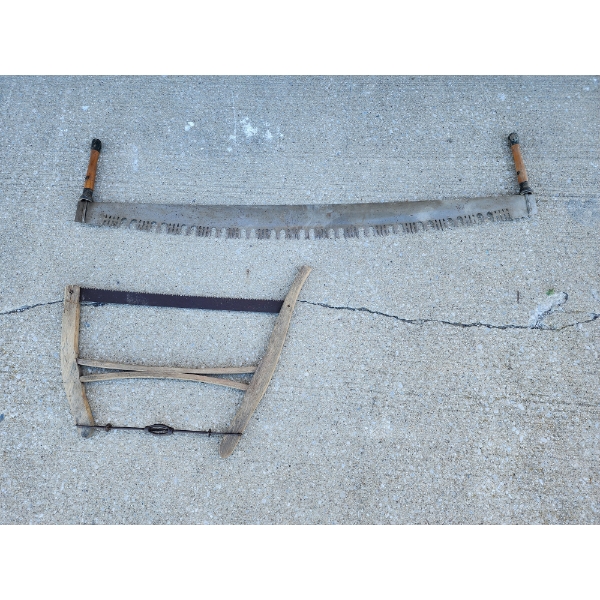 Two Large Vintage Farm-Rustic Saws: Two-Person Crosscut Saw and Buck Saw