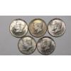 Image 1 : (5) Assorted Years United States 40% Silver Kennedy Half Dollars - Face Value: $2.50