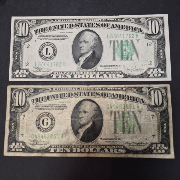 U.S. VINTAGE CURRENCY -  2 PCS - 1934-C UNC $10 NOTE & 1934 CIRCULATED $10 NOTE - SEE PICTURES