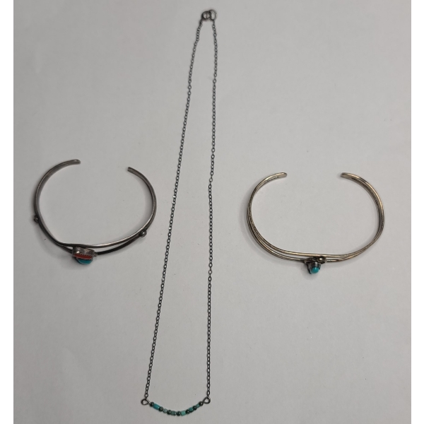 Sterling Silver Navajo Cuff Style Bracelets & Necklace - Total Weight: 19.8g