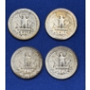 Image 4 : Lot of 4 Assorted Year 90% Silver Washington Quarters, FV $1.00