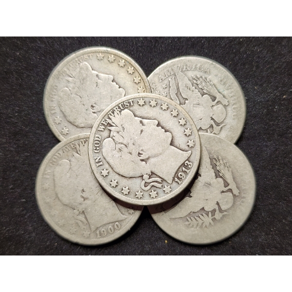 $2.50 Face Value in 90% Silver Barber Half Dollars - Assorted Conditions!