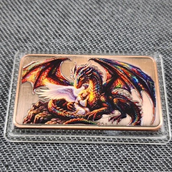 Colorized Guardian Angel Dragon One Ounce .999 Fine Copper Bar in Protector