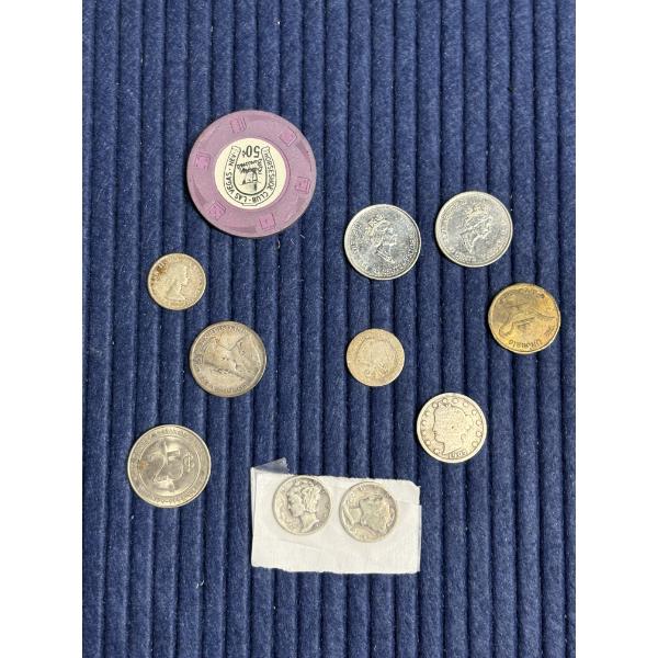 Assorted Coins - 3 Vegas Casino Coins - 10 cent Canadian Coin - (2) 25 Cent Canadian Coins