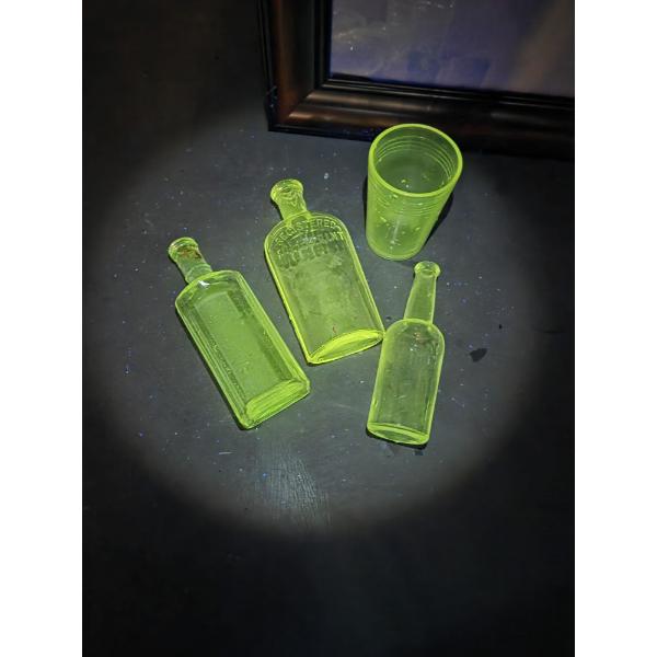 Vintage UV Reactive Glassware Including Cup & 3 Bottles