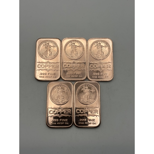 Five Walking Liberty Design 1 AVDP oz .999 Fine Copper Bar