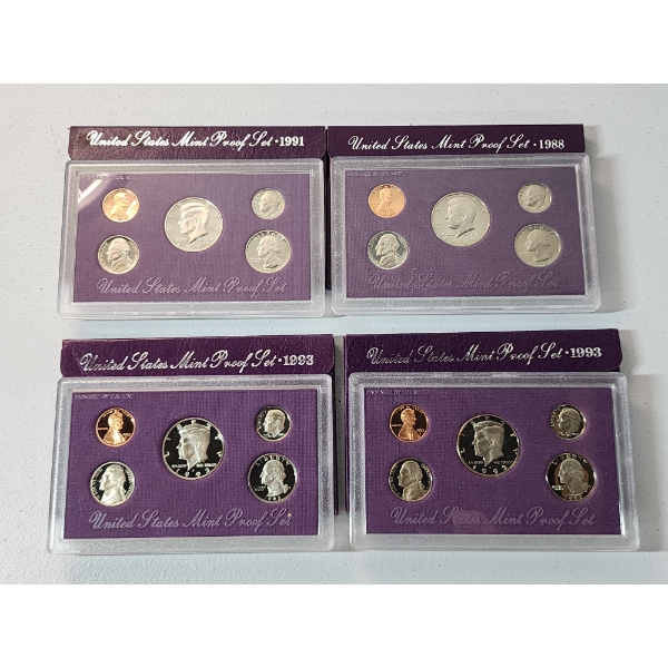 x4 United States Proof Sets: 1991, 1988, 1993, 1993 In Original Packaging