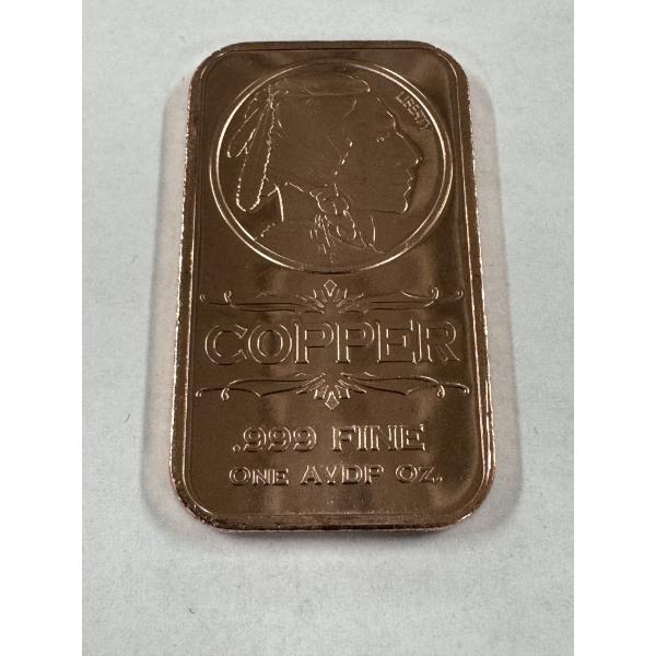 Beautiful Indian Head One Ounce .999 Fine Copper Bullion Bar - Mint Condition