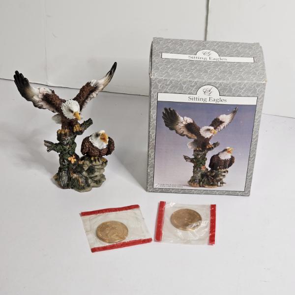 "Sitting Eagles" Bald Eagle Figurine and Two Vintage 1789 Dept. of the Treasury Commemorative Medals