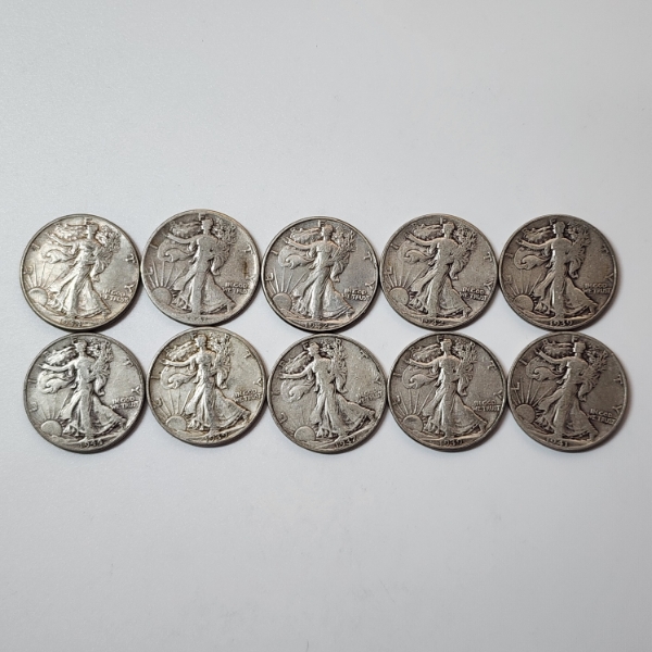 10 Assorted Years United States 90% Silver Walking Liberty Half Dollars - Face Value: $5.00