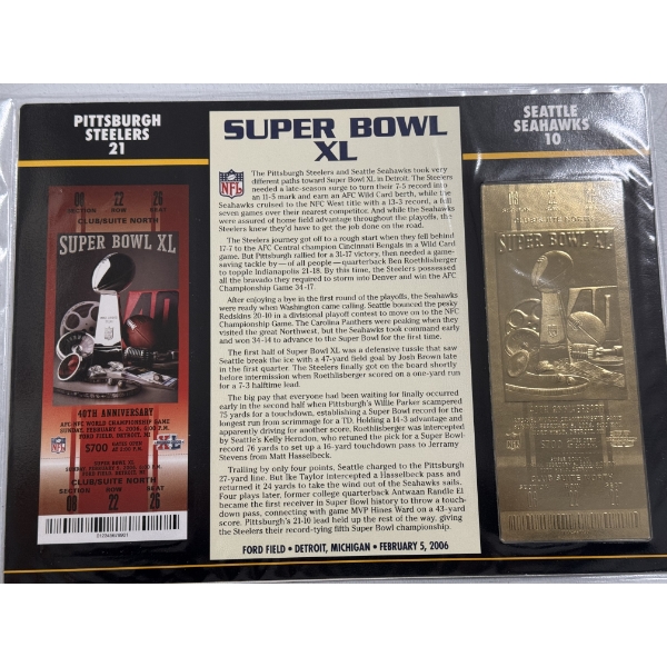 Authentic 2006 Super Bowl XL NFL Football Ticket & 24K Gold Plated Ticket - Mint Condition