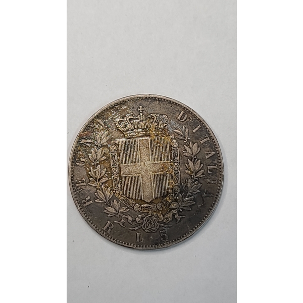 1876 Italy King Vittorio Emanuele II 5 Lire 90% Silver Coin - ASW: 0.7234oz