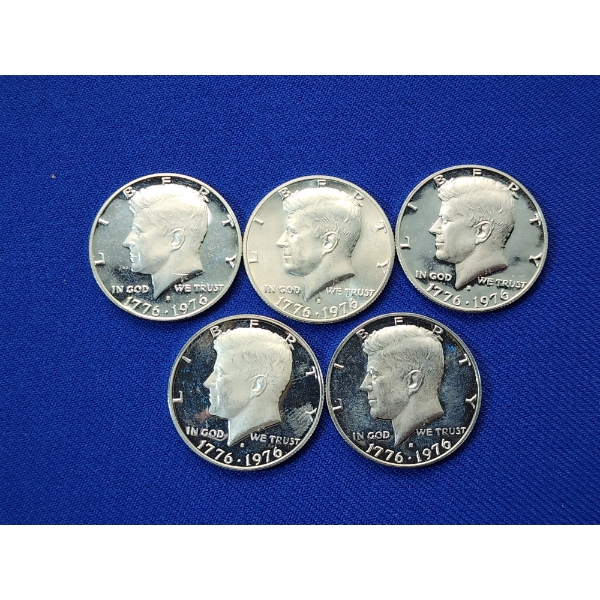 x5 1776-1976 Kennedy Bicentennial Half Dollars 40% Silver Face Value $2.50
