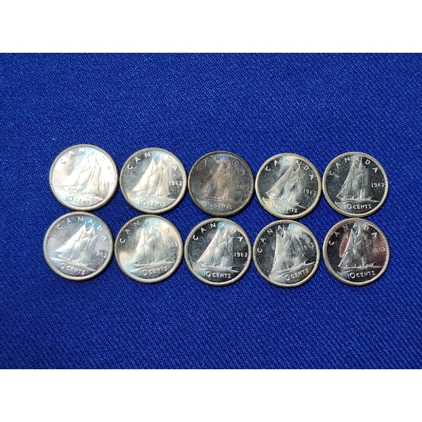 Lot of 10 Assorted 80% Silver Canada Dimes, Many Appear Uncirculated ASW: 0.06oz / Total: 0.6oz