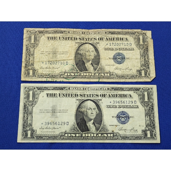 x2 United States Blue Seal $1 Silver Certificates *STAR NOTES*: Series 1935 E - FV: $2.00