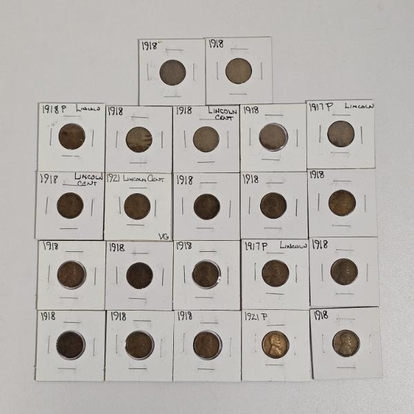 A Collection Of 22 Vintage United States Lincoln Wheat Cent Coins from 1917, 1918, And 1921 FV: $.22