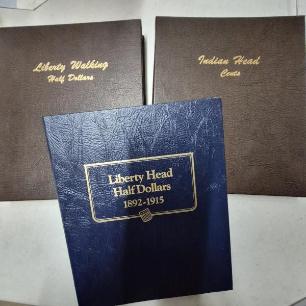 3 Pcs - US Coin Collector Books - Incl: Walking Liberty Halves , Indian Head Cents, Barber Halves 