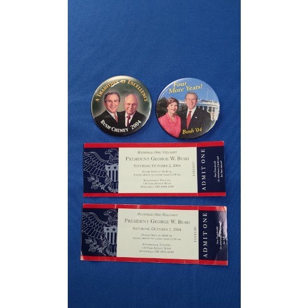 (2) 2004 President George W. Bush Mansfield Ohio Ticket Stubs & Campaign Buttons 