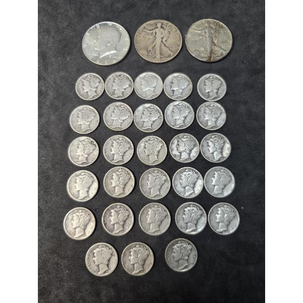(3) Half Dollars (1) Kennedy, (2) Walking Liberties, (28) Mercury Dimes - all 90% Silver Coins