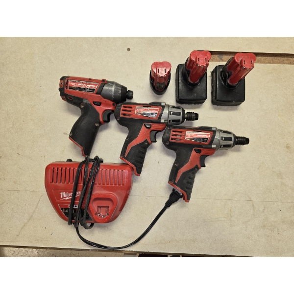 Milwaukee (2) Compact Drivers, (1) Impact Driver, (3) Batteries, (1) Charger