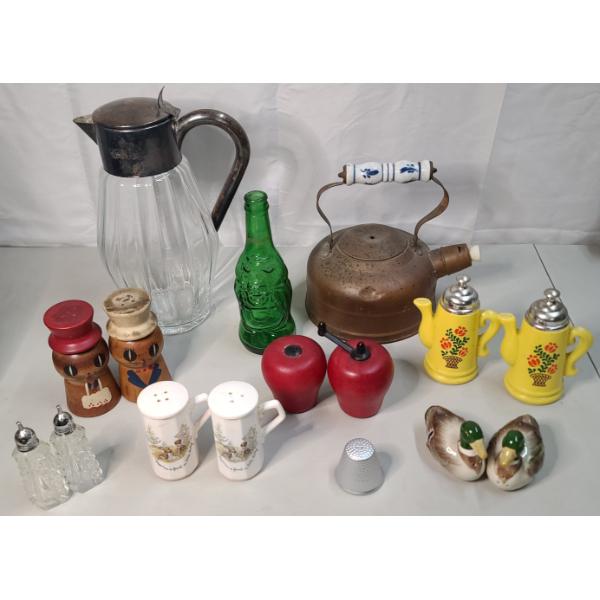 Vintage Salt & Pepper Shakers, Silverplate Beverage Pitcher & More