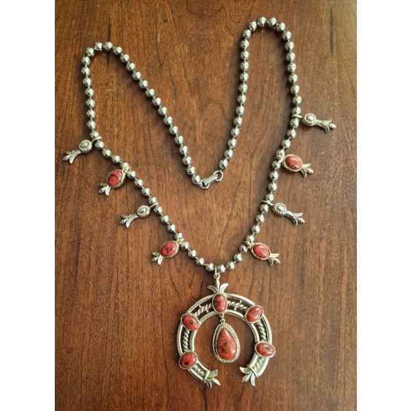 Shimmering 24" Southwestern Navajo Squash Blossum Necklace w Red Magnesite Stones & Large Naja