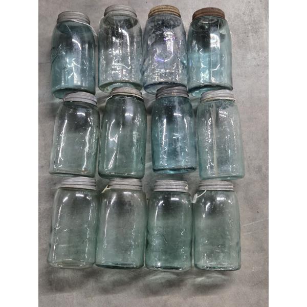 Twelve Vintage Blue Glass Canning Jars With Lids 