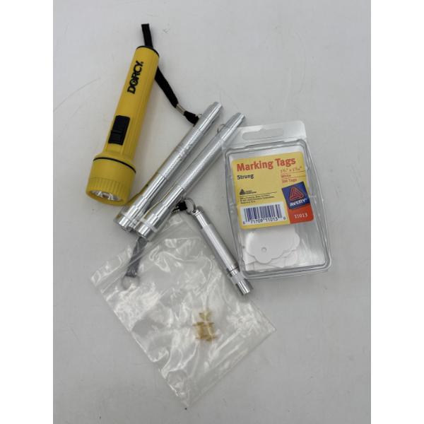 Flashlights - 1 Big Yellow - 3 Small Flashlights - Marking Tags in Box - 3 Plastic Screw Posts 