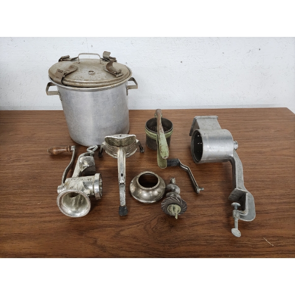 Assorted Vintage Kitchen Tools Including Food Grinders, Large Pot, Potato Ricer