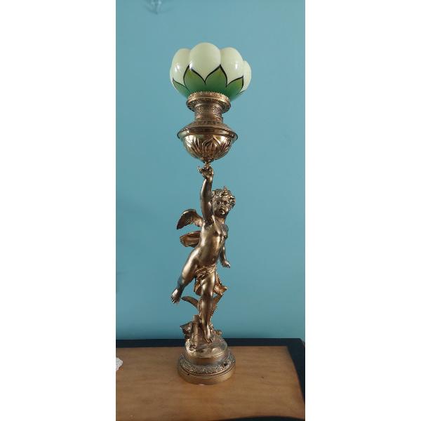 Tall 32" Bronze Cupid Figural Converted Parlor Lamp As Shown With Globe