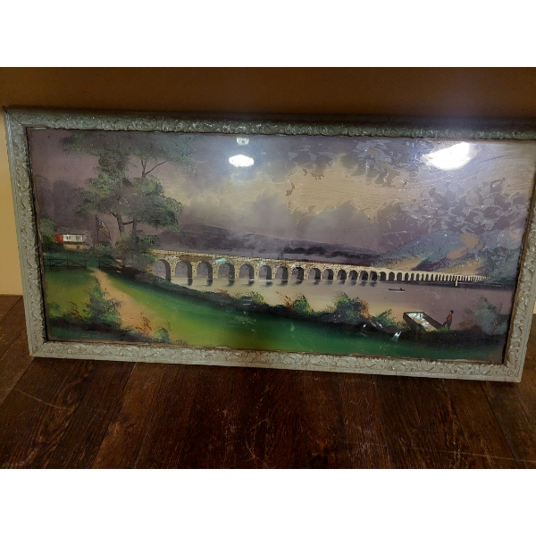 Large Vintage RPOG Reverse Painted On Glass Framed Scenic Art - See Pics - As Is
