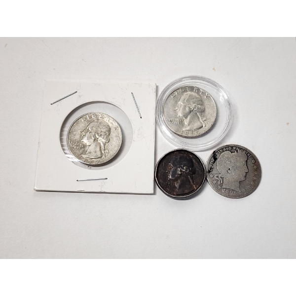 Four U.S. 90% Silver Quarters: Washington & Barber FV: $1.00