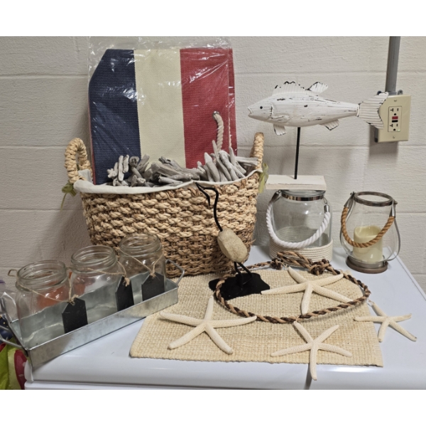 Seaside Decor Bundle incl Driftwood Garland, Large Basket, Beach Bags, Starfish Wreath and More