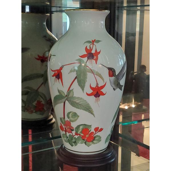 11 1/2"  Porcelain Humming Bird Floral Vase - Design Continues Completely Around - Both Sides Shown 