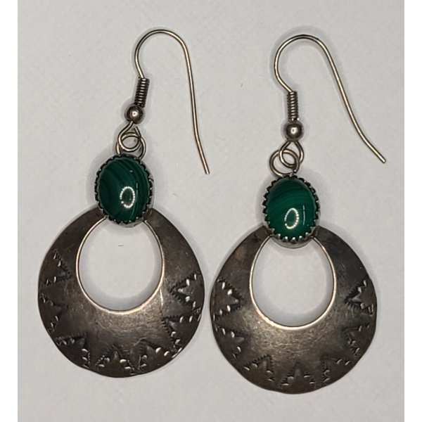 Sterling Silver Tribal Style Dangle Earrings With Malachite -Total Weight: 6.7g
