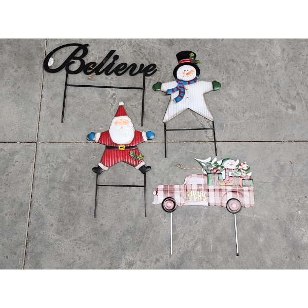 Lot of (4) Outdoor Metal Christmas Holiday Signs/Stakes - See Photos/Description for Sizes
