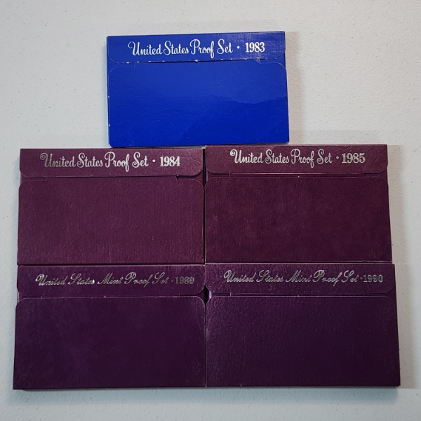 Five Assorted United States Mint Proof Sets: 1983, 1984, 1985, 1989, 1990