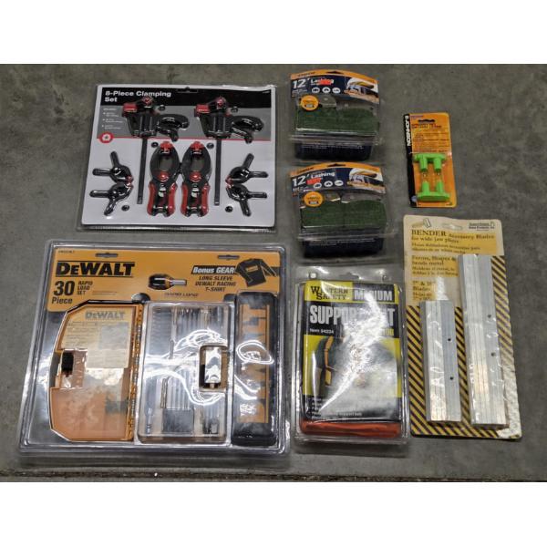 New! 30 Piece DeWalt Bit Set, Support Belt, 8 Piece Clamp Set, Lashing Straps And More