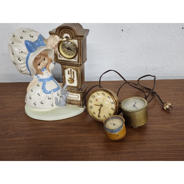 Lot of Vintage Clocks and Grandfather Clock Figurine
