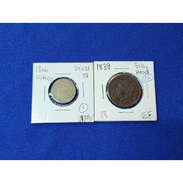 2 U.S. Coins:  Rare 1866 Shield Nickel WITH RAYS! & 1839 Large One-Cent Piece