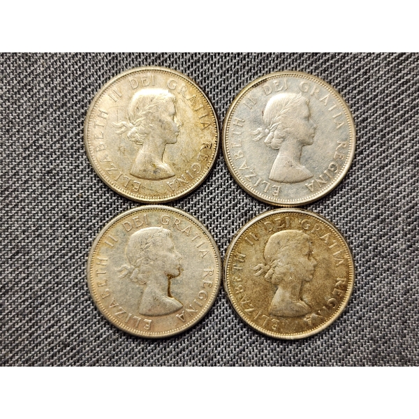 Four Assorted 80% Silver Canadian Half Dollars - ASW: 0.3 Oz Per Coin - About 1.2 Oz ASW Total! 