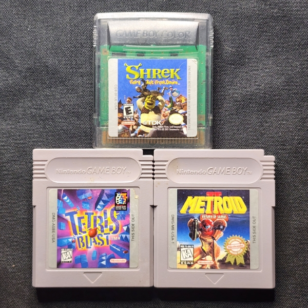 Three Assorted Nintendo Gameboy & Gameboy Color Video Games Including Shrek. Metroid & Tetris