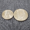 Image 2 : Two 1964 United States 90% Silver Coins ~ Half Dollar & Quarter ~ $0.75 Face Value 