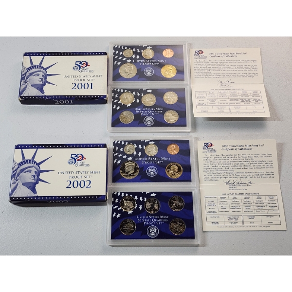 2001 & 2002 United States Mint Proof Sets in Original Packaging With CoA