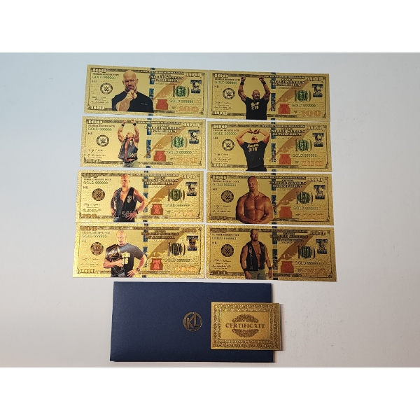 x8 Assorted WWE Stone-Cold Steve Austin $100 999999 24K Gold Foil Banknotes Set w/ CoA